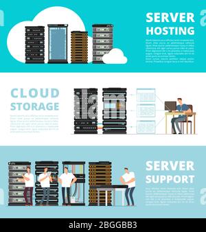 Hardware server system and network administration. Data storage engineering service. Vector hosting server and support service administration illustration Stock Vector