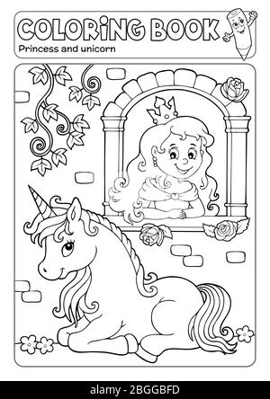 Beautiful young princess and unicorn, coloring book Stock Photo - Alamy