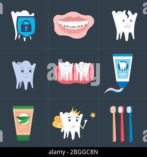 set healthy tooth perfect smile toothpaste toothbrush and damageteeth anti-caries protection dental care hygiene concept vector illustration Stock Vector