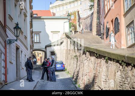 People on the stairs to Prague Castle during quarantine Stock Photo