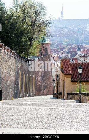 Empty stairs to Prague Castle during quarantine Stock Photo