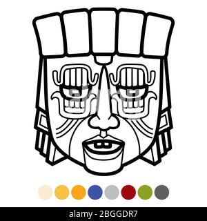 Indian aztec, african, mexican tribal mask coloring page with color samples. Vector illustration Stock Vector