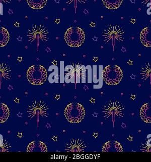 Fireworks, festive pyrotechnic and stars seamless background pattern. Vector illustration Stock Vector