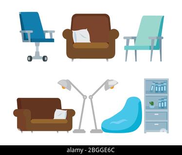 set chairs with couches and icons Stock Vector