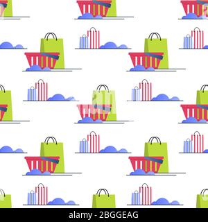 Seamless Pattern on White Backdrop. Flat Cartoon Shopping Baskets and Bags. Vector Repeat Illustration. Sales and Discounts Theme. Shop Advertisement Stock Vector