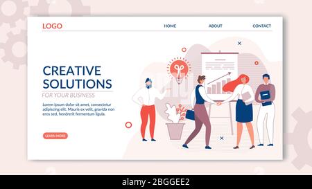 Landing Page Offers Creative Solution for Business. Cartoon People Characters Working and Communicating in Friendly Open Space Workplace. Coworking, O Stock Vector