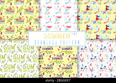 Summer Time Seamless Pattern Set in Floral Jungle Style. Beautiful Women, Plants Leaves and Lettering. Vector Repeat Illustration. Endless Abstract Te Stock Vector