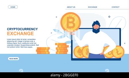 Landing Page Advertise Cryptocurrency Exchanging Application. Man Advisor on PC Monitor Offering Bitcoin to Dollars Exchange Platform. Mobile Software Stock Vector