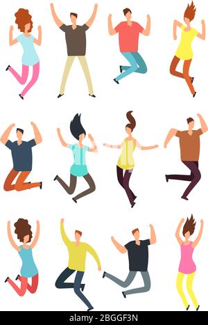 Happy jumping people. Excited man and woman in jump. Flying persons vector characters isolated. Illustration of man woman jumping, happy and cheerful Stock Vector