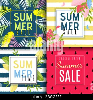 Summer Sales Cards Set in Abstract and Floral Style. Special Offer for Summertime. Advertising Banners with Creative Cartoon Design and Promotion Text Stock Vector
