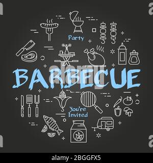 Vector black line banner for picnic and grill party - barbecue Stock Vector