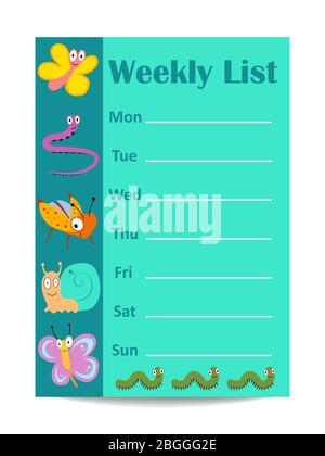 Kids weekly list with cartoon insects butterfly snail. Vector illustration Stock Vector
