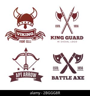 Colorful vintage warrior emblems. Viking, knight, king medieval labels. Vector illustration Stock Vector