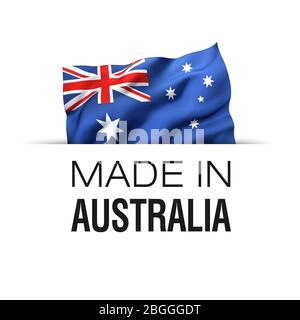 Made in Australia - Guarantee label with a waving Australian flag. Stock Photo