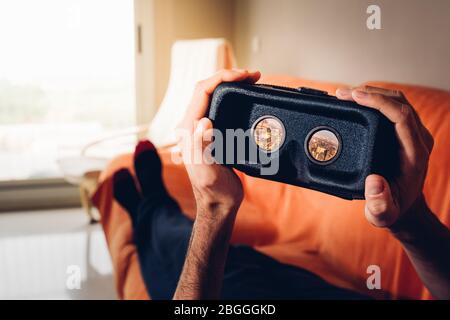 Man using VR headset and doing Virtual reality travel Stock Photo