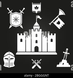 Medieval castle silhouette and knights tales elements isolated on black. Vector illustration Stock Vector