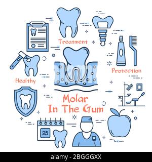 Vector blue line round concept - molar tooth Stock Vector