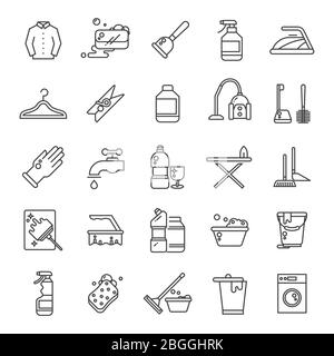 Cleaning and washing house, laundry outline vector icons. Antiseptic service line symbols. Illustration of wash cleaner and brush, vacuum and broom Stock Vector