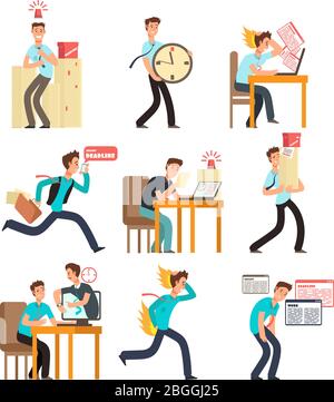 Stressed office people for deadline and time management concept. Businessman under deadline workload. Vector characters set isolated. Illustration of business office stress, deadline work Stock Vector