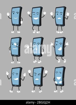 Cartoon smartphone in various poses with different emotions. Cell phone vector character with hands and legs. Illustration of phone character with face, gadget in pose Stock Vector