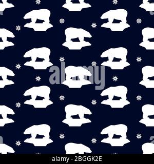 Silhouette of white bear on ice floe and snowflakes seamless pattern. Vector illustration Stock Vector