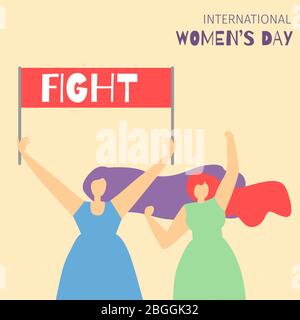 Cartoon Girls Characters Fighting for Rights and Equality, Protesting, Establishing Rules Text on Streamer Motivate Feminist Flat Card International W Stock Vector