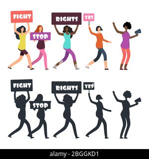 International women protesters walking on manifestation. Feminism, womens rights and protest vector concept. Female protesters silhouette illustration Stock Vector