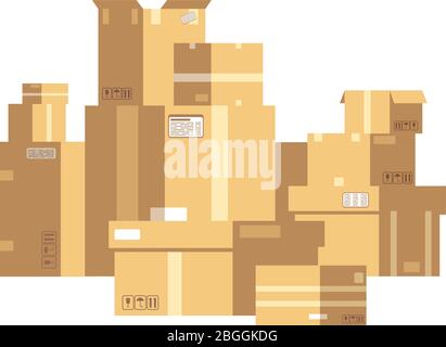 Pile of sealed goods cardboard boxes. Mail box stack isolated. Delivery and cargo vector concept. Illustration of package and cardboard pack, packaging for delivery Stock Vector