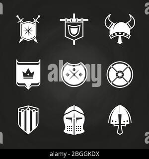 White silhouette viking knight helmets and shields icons isolated on black. Vector illustration Stock Vector
