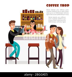 Coffee shop vector concept with take away coffee, barista and couple in love isolated on white background illustration Stock Vector