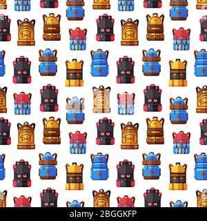Travel, tourism, hiking, sport colored backpacks seamless pattern background. Vector illustration Stock Vector