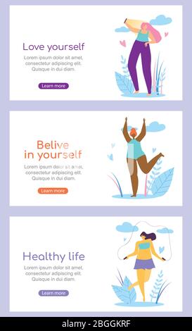 Set of Horizontal Banners with Copy Space. Beautiful Multiracial Girls Characters Healthy Active Lifestyle and Body Positive Motivation Quotes on Natu Stock Vector