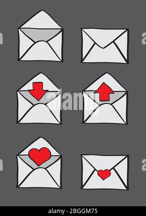Set of six vector illustration of paper envelopes with different symbols isolated on grey plain background. Stock Vector