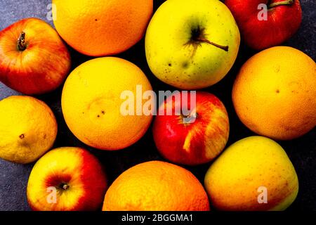 Close-up view of oranges, grapefruits, lemons and apples Stock Photo