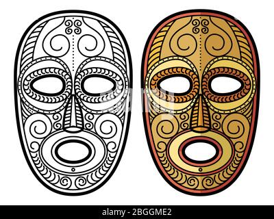 Coloring page with african, mexican aztec tribal mask isolated on white background. Vector illustration Stock Vector