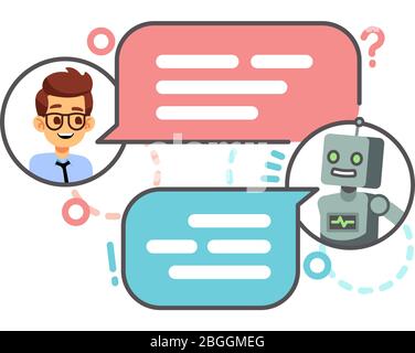 Human conversation with robot on smartphone. Chatting with bot, chatbot vector concept. Robot chat and smart, chatting on mobile phone illustration Stock Vector