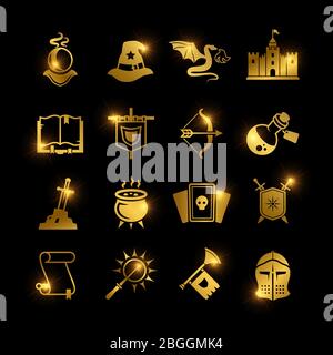 Golden fantasy medieval tale vector icons. Mystery magic and knight pictogram. Vector illustration Stock Vector