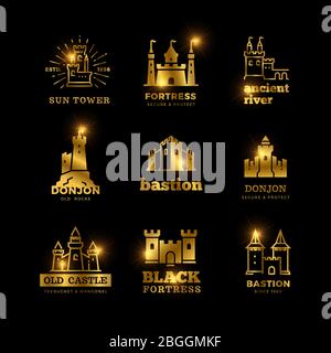 Golden medieval castle and knight fortress ancient royal logo set on black background. Vector illustration Stock Vector