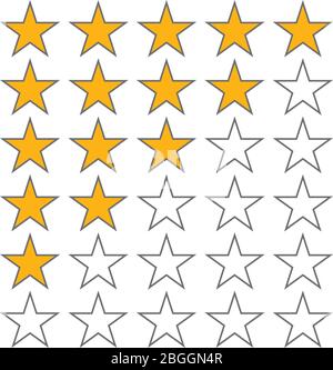 Row of five stars rate. 5 star rating vector icons isolated on white background. Star in row, review and ranking illustration Stock Vector