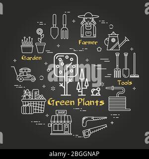 Vector linear black gardening and farming - Green Plants Stock Vector