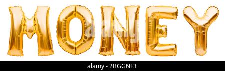 Golden word MONEY made of inflatable balloons isolated on white. Gold foil balloon letters. Accounting, banking, money, salary, budget and economy Stock Photo