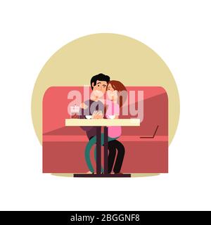 Couple in love sitting in cafe with teapot and computer. Vector illustration Stock Vector