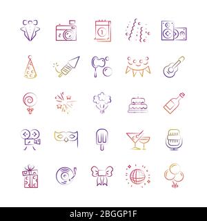 Event, party, birthday bright outline icons of set isolated on white. Vector illustration Stock Vector