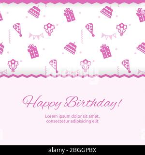 Happy Birthday poster design. Birthday party banner and poster with cute pink pattern. Vector illustration Stock Vector