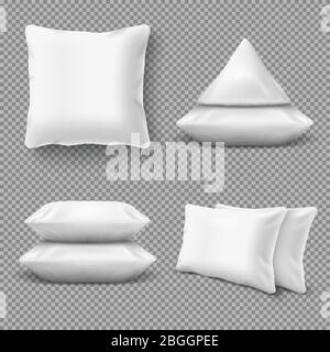 Realistic white comfortable pillows, home cushions with natural feather. Isolated vector mockup for bedding textile. Illustration of pillow for home bed or bedroom, cotton soft comfortable Stock Vector