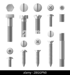 Realistic 3d metal bolts, nuts, rivets and screws isolated vector set. Illustration of elements for fix Stock Vector