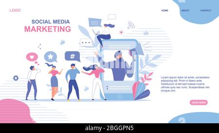 Landing Page Design. Social Media Marketing Advertisement. Man on Mobile Screen Announcing in Megaphone Special Offer. Active People Network Users Gro Stock Vector