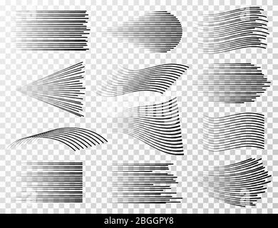 Speed line collection. Black fast sharp streeps for cartoon and manga vector set isolated. Linear power explode and wind effect illustration Stock Vector