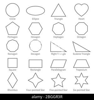 Basic geometric outline flat shapes. Educational geometry vector diagram for kids. Vector square and rectangle, ellipse and triangle illustration Stock Vector