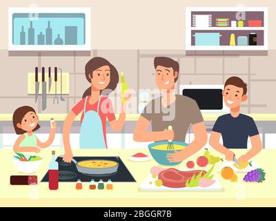 Happy family cooking. Mother and father with kids cook dishes in kitchen cartoon vector illustration. Family cooking, mother and father on kitchen Stock Vector